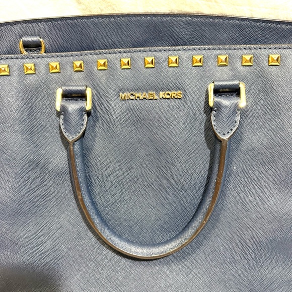 Michael Kors Selma Leather Navy Blue Gold Studded Satchel Handbag Tote XL $428 - Picture 3 of 13